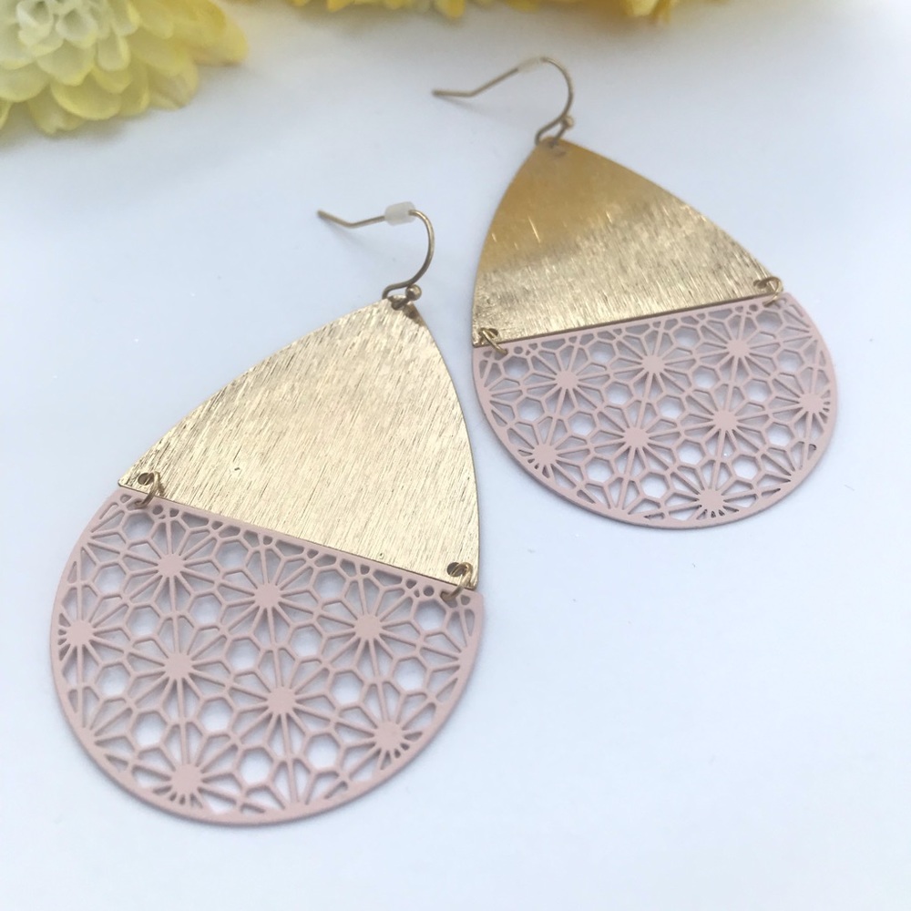 Large Gold and Pink Teardrop Shaped Earrings